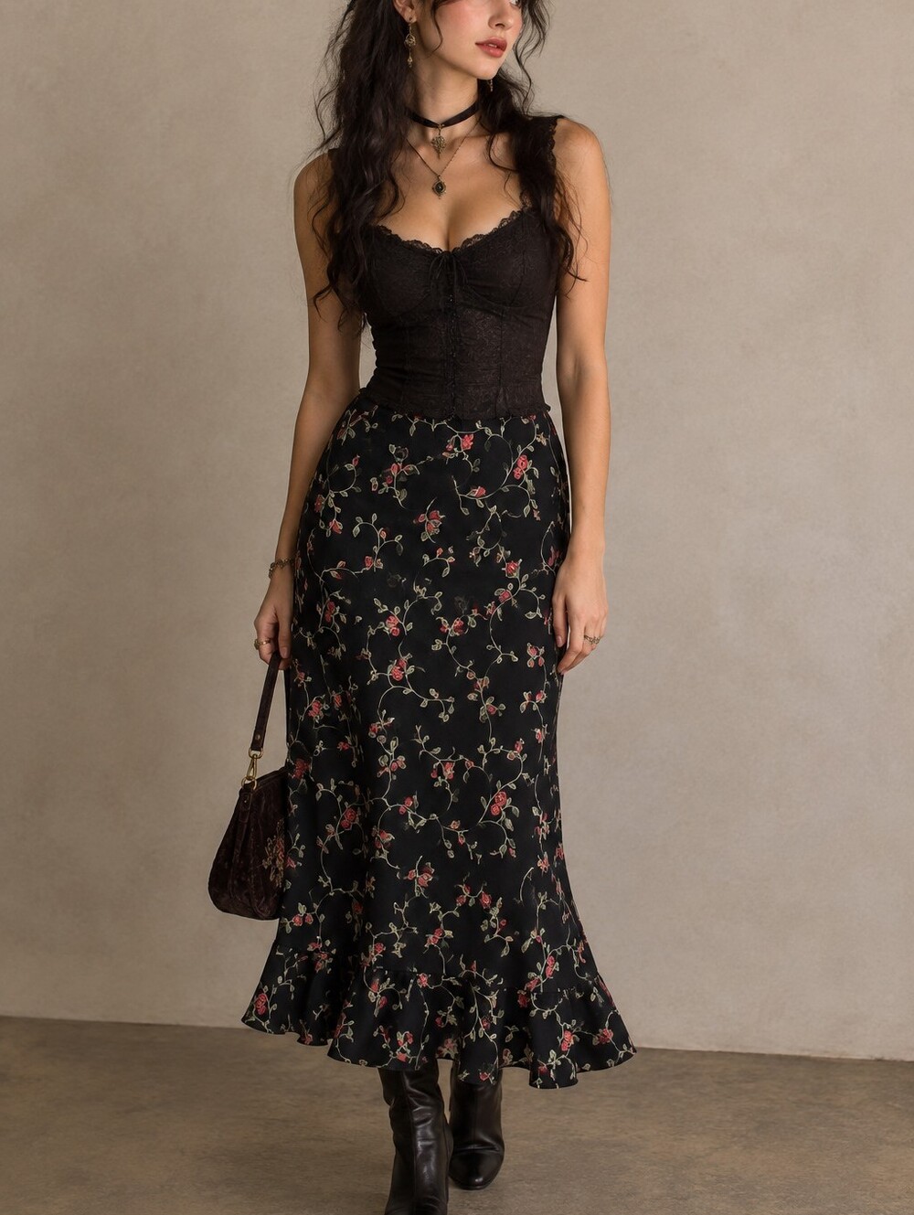 Vintage Whimsigoth Moody Floral rose on vine fairy ruffle hem Dark Romance skirt